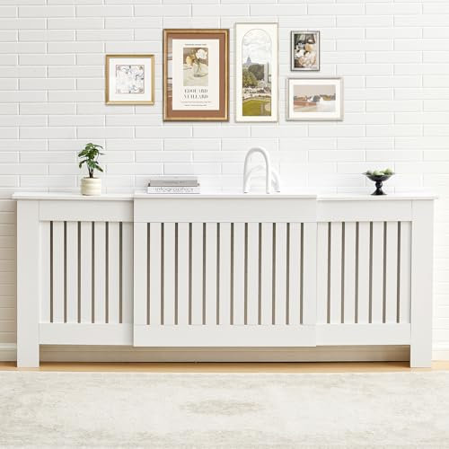 TUKAILAi Extendable Radiator Cover 146-196cm Length Adjustable Wooden Radiator Shelf Protection Vertical Slat Cabinet Girll for Living Room Bedroom Office White Large