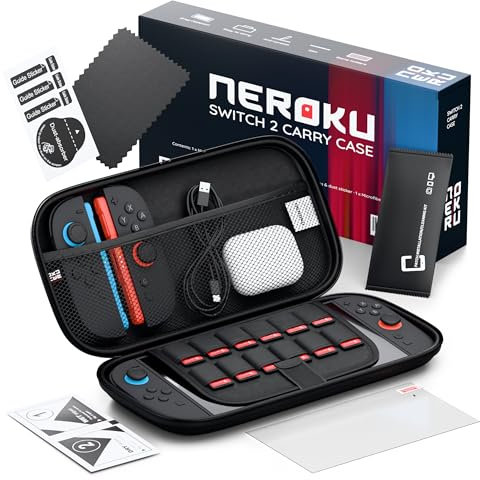Neroku Custodia Per Nintendo Switch 2 I Set con Custodia Rigida, Pellicola in Vetro Temperato, e Porta Giochi con 12 Posti I Accessori Per Nintendo Switch 2025 I Protezione per Gadget Nintendo Switch