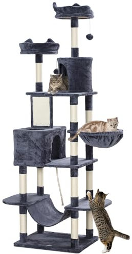 PawHut Rascador para Gatos Grande Altura 206 cm Árbol para Gatos Torre de Escalera con Plataformas Cuevas Bolas Colgantes y Hamacas Gris Oscuro