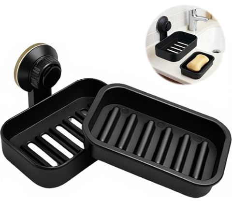 Suction Soap Dish for Shower, Max Hold 3KG Wall Mounted Soap Holder with Drainage, Drill-Free Removable Shower Sponge Tray, Waterproof Plastic Sink Holder Cup for Bathroom, Bathtub and Kitchen (Black)