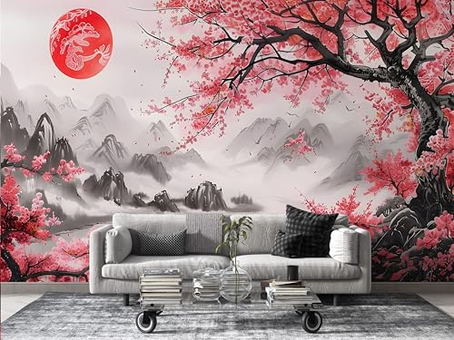 FamHarbor Japanese Style Wallpaper Cherry Blossom Photo Wallpaper Non-Woven Wall Mural Covering for Bedroom Living Room Hallway TV Background Wall Decor 450cm x 300cm (WxH) Pink -Ab74