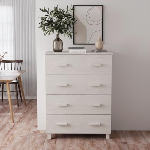 QZZCED HAMAR Sideboard aus massivem Kiefernholz, Weiß, Anrichte aus massivem Kiefernholz, mit 4 ausziehbaren Schubladen und geräumigem Stauraum, 79 x 40 x 103,5 cm