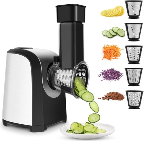 Elektrischer Gemüsehobel 150W Professional 5-in-1 - Gemüseschneider Elektrisch mit 5 Klingen Gemüsereibe, Multifunktions Elektrische Reibe für Käse, Obst und Gemüse