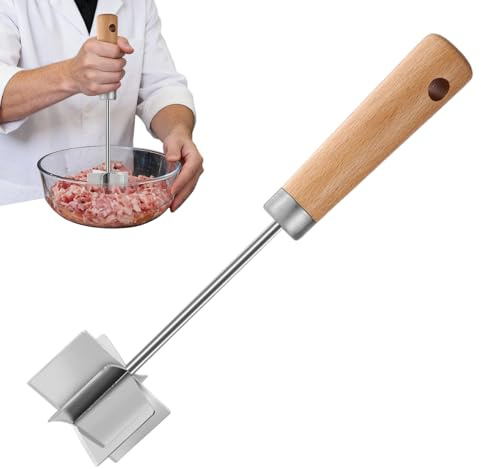 Hackfleisch Zerkleinerer, Multifunktionales Edelstahl Hackfleisch Handheld Stampfer Mit Holzgriff,für Rinderhackfleisch, Fleisch, Kartoffelpüre, Hamburgerfleisch Gemischt