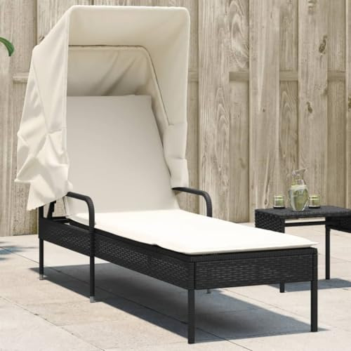 kithwjll Lettino prendisole con tettuccio nero, in polyrattan, regolabile, con cuscino resistente alle intemperie, pieghevole, per terrazza, sdraio relax e sdraio, comodo lettino da sauna con