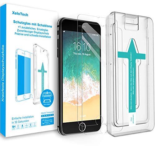 XeloTech Schutzglas für iPhone 8 PLUS /7 PLUS (2 Stück) mit Schablone zur Positionierung - 9H+ Glashärte, Displayschutzfolie, Schutz Folie