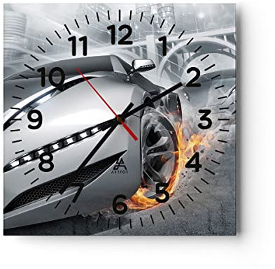 Modern Wanduhr Sportwagen Sport Rennen Geschwindigkeit 40x40cm Quadrat Groß Wand Uhr Glas Analog Zimmeruhren Küche Büro Wohnzimmer Glasuhr Wall Clock Dekoration Design Küchenuhr C4AC40x40-2650