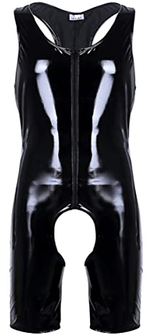 iEFiEL Herren Lackleder Overalls Wetlook Dessous Unterhemd Fitness Body Ouvert-Panties Trikot Bodysuit Ringershirt Schwarz Clubwear Schwarz XXL