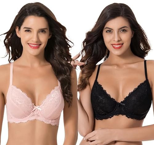 Curve Muse Semi-Sheer Balconette Underwire Lace Bra and Scalloped Hems (2 Pack)-Black,Blush-46DDD (EU:105F)