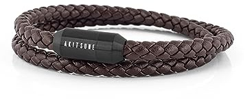 Akitsune Suprema Magnetisches Lederarmband | Armschmuck Damen Herren Edelstahl Doppelt Gewickelt Armband Schwarz - Braun 37cm