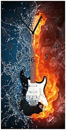 Wallario Design-Wanduhr Feuer-Wasser-Gitarre aus Glas, Motiv-Uhr Größe 30 x 60 cm, Schwarze Zeiger
