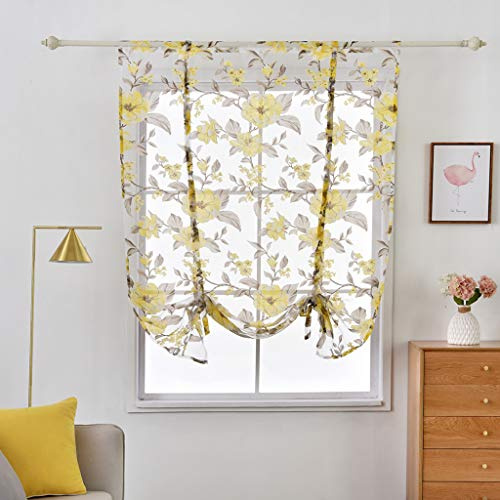 SIMPVALE 1 Stück Tüll Raffrollo mit Stangentasche Blumen Druck durchscheinend Tie Up Voile Sheer Raffgardine für Küche Balkon Arbeitszimmer (Breite 100 cm/Höhe 140 cm, 919# Gelb)
