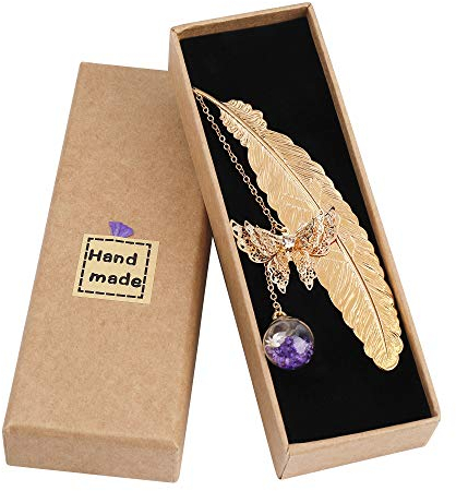 Metall Feder Lesezeichen mit Elegant Schmetterling und Glasperlen Ewige trockene Blume Anhänger, Ideales Geschenk für Erwachsene, Kinder und Studenten