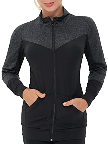 AMZSPORT Damen Laufjacke Sportjacke Langarm Trainingsjacke Sweatjacke mit Tasche Für Yoga Fitness Schwarz L
