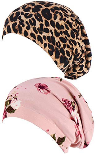 Biruil Satin gefütterte Schlafmütze Slouchy Cap Beanie Slap Hut Haarabdeckung Wrap Turban Kopfbedeckung für Frauen, 2 Stück Blumen Leopard, Einheitsgröße