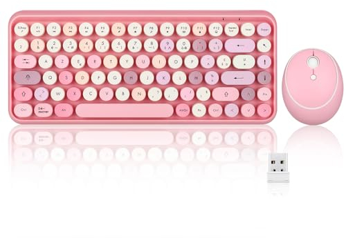Perixx PERIDUO-713 Ensemble Mini Clavier et Souris sans Fil,USB, 2.4 GHz, Touches de Style Rétro Arrondies, Rose Pastel, AZERTY