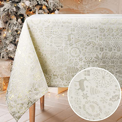 Viste tu hogar Mantel Navidad Hilo Dorado, Especial para Decoración Navideña y Cenas Familiares, etc, Diseño Moderno y Elegante, Fabricado en España, Beige Navidad, 140x250cm