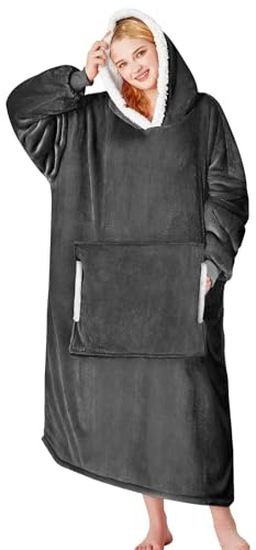 yescool Wearable Blanket Hoodie - Birthday Gifts for Women Mom Girlfriend, Oversized Flannel Sherpa Cozy Hooded Blanket Sweatshirt Adult With Hood Pocket & Sleeves, One Size Fits All (Grey)