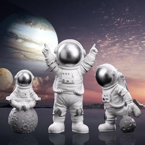 3 Stück Spaceman Statuen, Astronauten Figur Modell, Kuchen Topper, Weihnachten Halloween Geburtstag, Gelten Geburtstag Party Cake Toppers(Silber)