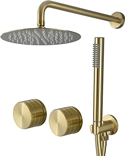 TRUSTMI Shower Systems Brass Modern 10 Inch Rainfall Wall Mounted Shower Set with Handheld Shower Head, Trim Kit and Brass Embedded Valve Included, Brushed Gold