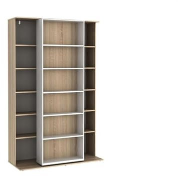 Vente-unique-Bibliothèque coulissante avec 18 niches - Naturel et Blanc - PRALI