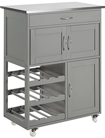 SoBuy Servierwagen mit Rollen Küchenwagen mit Arbeitsplatte Rollwagen mit Schubladen, Weinregal Kücheninsel Küchenregal stehend Möbel für Küche, Esszimmer & Outdoor Hellgrau 67x86x38cm FKW45-HG
