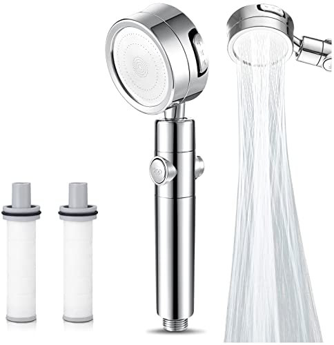 Turbo-Duschkopf zur Erhöhung des Drucks mit 2 PP-Baumwollfiltern, Hochdruck-Wasserspar-Duschkopf, um 360 Grad drehbarer strahlbetriebener Duschkopf mit 3 Sprüheinstellungen, Chrom-Handbrause