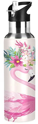 Gourde isotherme en acier inoxydable avec couvercle à paille, étanche, motif flamant rose, 600 ml