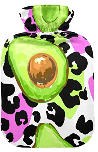 YOUJUNER Hot Water Bottle with Avocado Leopard Print Cover 2 Litre Large Hot Water Bag Warm Comfort Hand Feet Warmer