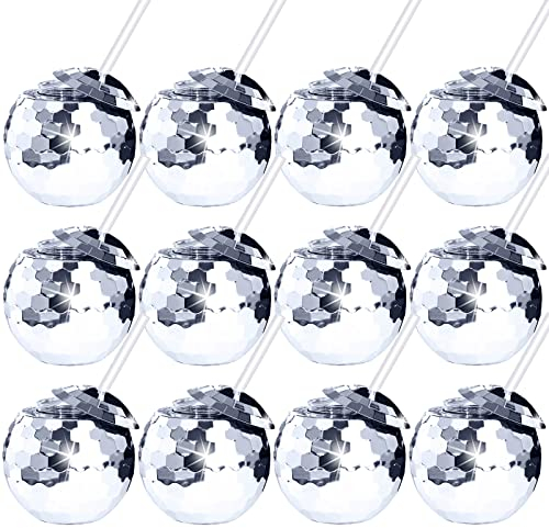 Tongnian 12 PCS Disco Ball Cups Tumbler Disco Flash Ball Cocktail Cup Silver Spherical Cup with Lid and Straw Disco Wine Glass Drinking Syrup Tea Bottle for Disco Bar Party Supplies