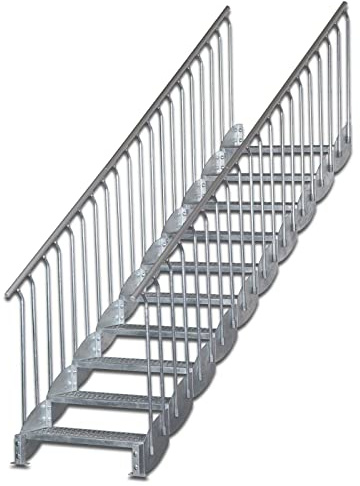 Wangentreppe Scarlo 1000 mit Bodenstütze, 10 Stufen, Höhe 2,00-2,20 m, beidseitiges Geländer, Premium Ausstattung, feuerverzinkt, Stahltreppe, Außentreppe