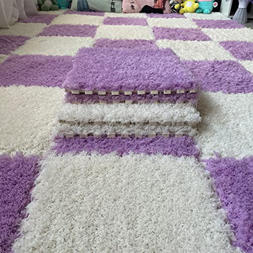 20 Stück Flauschige Ineinandergreifende Schaumstoffmatten-Bodensets,Plüsch-Puzzle-Schaumstoff-Bodenmatte,Flauschige Plüsch-Teppichfliesen für Wohnzimmer,Esszimmer(Color:lila+weiß)