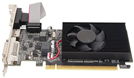Sxhlseller Tarjeta Gráfica 1GB DDR3, 64bit 589MHZ 1GB DDR3 Tarjeta Gráfica con Ventilador Silencioso, Interfaz DVI VGA HDMI, PCI Express 2.0x16 para Oficina y Juegos