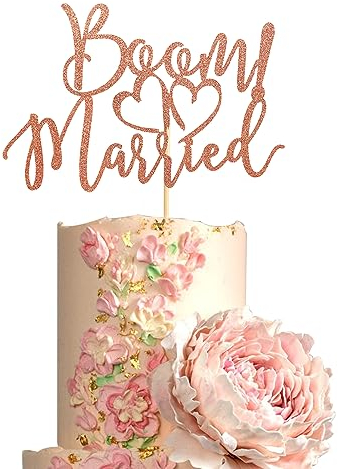 Arthsdite BOOM! Married Wedding Cake Topper, Funny Quirky, Nerdy Topper, Married Bridal Shower, Engagement Wedding Party Supplies - Rose Gold Glitter