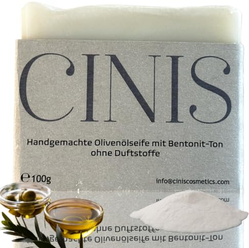 CINIS Bio Olivenölseife mit Bentonit‑Ton (100 g) – Handgemachte Naturseife ohne Duftstoffe für empfindliche Haut – feuchtigkeitsspendend, sanft, vegan & palmölfrei – hautberuhigend & reinigend