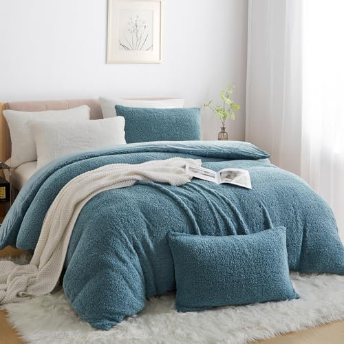 Nayoroom Winter Bettwäsche 135x200 Fleece Sherpa Warm Flauschig Bettwäsche-Sets ÖKO-TEX Bettbezug 135 x 200 cm und Kissenbezug 80x80 cm mit Reißverschluss | Blau
