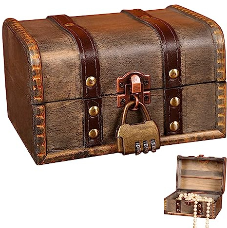 Sporgo Holz Schatztruhe Box: Kindergeburtstag Piratenkiste Schatzkiste mit Zahlenschloss 16 x12 x 9.5 cm, Vintage Holz Box Verschließbar für Aufbewahrung und Dekoration
