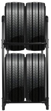 ARIIKON Scaffale per Pneumatici in Metallo, Supporto per 4 Cerchioni e Gomme Auto, 2 Ripiani Portagomme Salvaspazio per Garage, Officina, Cantina, Magazzino, 57,2 x 37,3 x 114,6cm, Nero