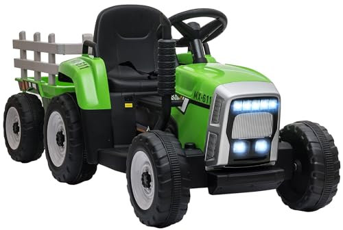HOMCOM Kids Electric Car, 12V Electric Ride on Tractor and Trailer with Detachable Trailer Remote Control, USB, Horn, Lights, Start-Up Sound, for Ages 3-6 Years, Green