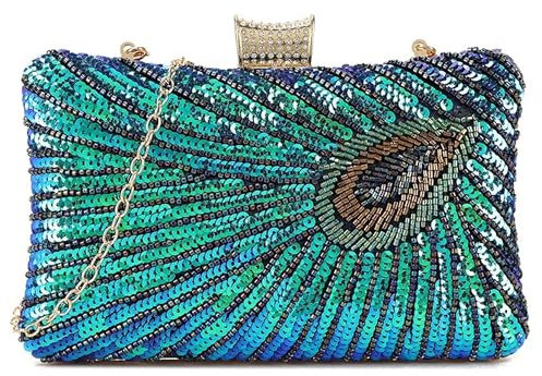UShopUK Hartschalenkoffer, Pfauen-Pailletten, Perlen, Vintage-Stil, für Braut, Abschlussball, Hochzeit, Abendveranstaltung, Clutch, Party, Handtasche, pfau, medium