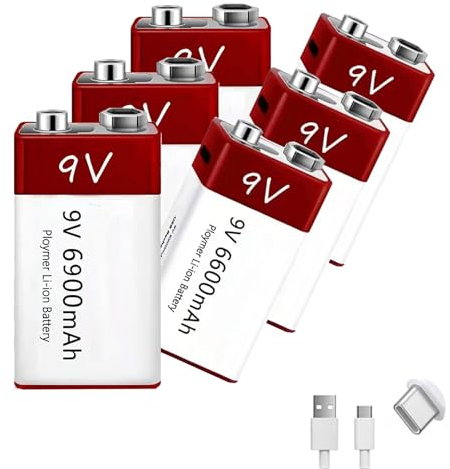 WILLQ 9-V-Lithiumbatterien, wiederaufladbar, 6900 mAh, 9-Volt-Lithium-Ionen-Akku mit USB-Ladekabel für E-Gitarre/Mikrofon/Rauchmelder/Detektor und mehr,9v6900mah 6pcs