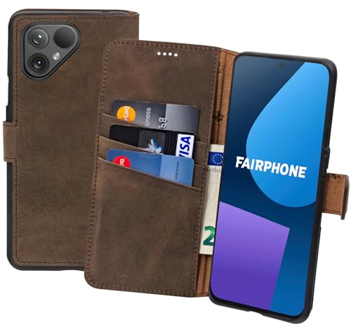 Suncase Book-Style Hülle kompatibel mit Fairphone 5 Leder Tasche (Slim-Fit) Lederhülle Handytasche Schutzhülle Case mit 3 Kartenfächer in antik-braun