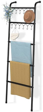Simple Trending Blanket Ladder,5 Tier Metal Towel Rack with 12 Hooks, 79'' Metal Style Decorative Ladder for The Living Room Bedroom Bathroom Home Decor, Black