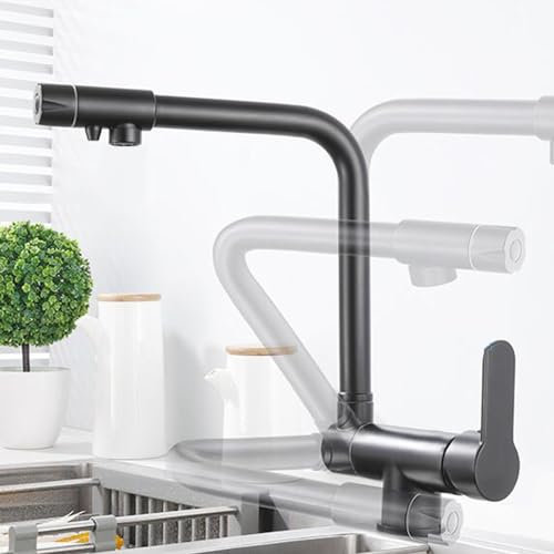 Miscelatore Cucina Sottofinestra Pieghevole Rubinetto Cucina 3 Vie Girevole Ottone Rubinetto Tre Vie Sottofinestra-Nero