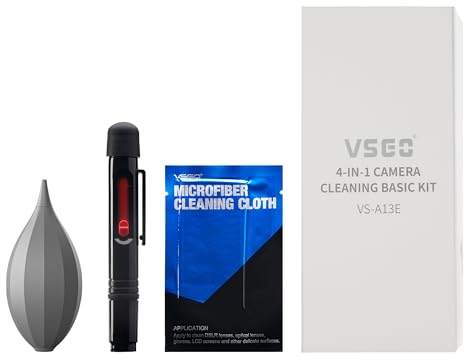 VSGO Kit de nettoyage 4 en 1 pour appareil photo avec souffleur d'air, brosse et chiffon en microfibre compatible avec les appareils photo reflex numériques Canon, Nikon, Sony