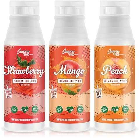 INSPIRE FOOD Sirop de Bubble Tea 3-Pack | Fraise, Mangue et Pêche | Pur Jus de Fruits | 300 ml