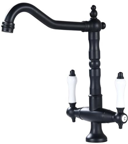 Rubinetto da cucina nero anticato, rubinetto per lavabo retrò, miscelatore a due maniglie, miscelatore ad alta pressione, girevole a 360°, in ottone
