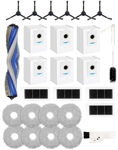 Yivy Lot de 27 accessoires pour robot aspirateur ECOVACS DEEBOT X5 OMNI, X5 PRO OMNI Pièces de rechange : 1 brosse principale, 6 brosses latérales, 4 filtres HEPA, 6 sacs d'aspirateur, 8 tampons de