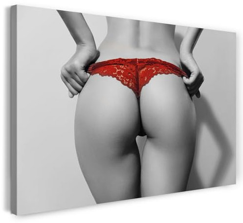 Printistico Leinwandbild (100x70cm) Erotische Fotografie - Frauen Po, rote Wäsche, echter Holz-Keilrahmen inkl. Aufhänger, handgefertigt in Deutschland