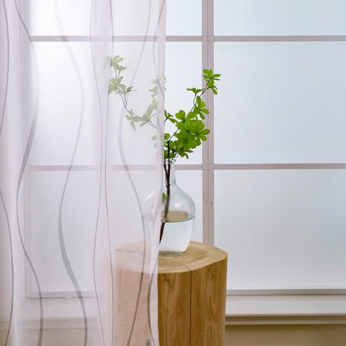 L.Z.E Vorhang Weiß Grau für Wohnzimmer Kurz Gardine mit Kräuselband für Schienensystem Transparente Gardinen Vorhänge für Schlafzimmer Fenster 2er Set Leinenoptik Schals Modern 175 cm
